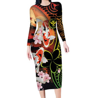 Hawaiian and Japanese Family Matching Long Sleeve Bodycon Dress and Hawaiian Shirt Koi Fish With Kanaka Polynesian Tattoo LT14 Mom's Dress Black - Polynesian Pride