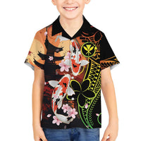 Hawaiian and Japanese Family Matching Long Sleeve Bodycon Dress and Hawaiian Shirt Koi Fish With Kanaka Polynesian Tattoo LT14 Son's Shirt Black - Polynesian Pride