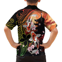 Hawaiian and Japanese Family Matching Off The Shoulder Long Sleeve Dress and Hawaiian Shirt Koi Fish With Kanaka Polynesian Tattoo - Polynesian Pride