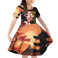 Hawaiian and Japanese Family Matching Off Shoulder Short Dress and Hawaiian Shirt Koi Fish With Kanaka Polynesian Tattoo LT14 Daughter's Dress Black - Polynesian Pride