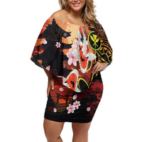 Hawaiian and Japanese Family Matching Off Shoulder Short Dress and Hawaiian Shirt Koi Fish With Kanaka Polynesian Tattoo LT14 Mom's Dress Black - Polynesian Pride