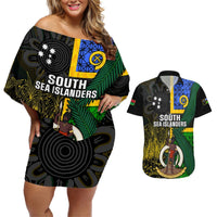 Personalised South Sea Islanders Couples Matching Off Shoulder Short Dress and Hawaiian Shirt Kanakas With Vanuatu Coat Of Arms LT14 Black - Polynesian Pride