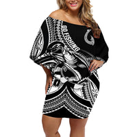 Personalised Polynesia Off Shoulder Short Dress Fish Hook Tattoo Go Fishing Polynesian Pattern Black LT14 Women Black - Polynesian Pride