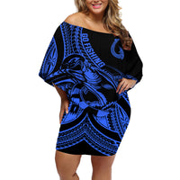 Polynesia Off Shoulder Short Dress Fish Hook Tattoo Go Fishing Polynesian Pattern Blue LT14 Women Blue - Polynesian Pride