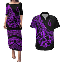 Polynesia Couples Matching Puletasi Dress and Hawaiian Shirt Fish Hook Tattoo Go Fishing Polynesian Pattern Purple LT14 Purple - Polynesian Pride