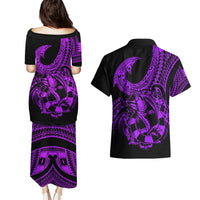 Polynesia Couples Matching Puletasi Dress and Hawaiian Shirt Fish Hook Tattoo Go Fishing Polynesian Pattern Purple LT14 - Polynesian Pride