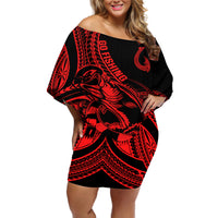 Polynesia Off Shoulder Short Dress Fish Hook Tattoo Go Fishing Polynesian Pattern Red LT14 Women Red - Polynesian Pride