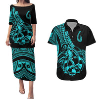Polynesia Couples Matching Puletasi Dress and Hawaiian Shirt Fish Hook Tattoo Go Fishing Polynesian Pattern Turquosie LT14 Turquoise - Polynesian Pride
