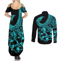 Polynesia Couples Matching Summer Maxi Dress and Long Sleeve Button Shirts Fish Hook Tattoo Go Fishing Polynesian Pattern Turquosie LT14 - Polynesian Pride