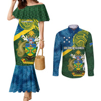 Solomon Islands Couples Matching Mermaid Dress and Long Sleeve Button Shirts Tropical Leaves With Melanesian Pattern LT14 Green - Polynesian Pride