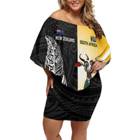 New Zealand and South Africa Rugby Custom Family Matching Off Shoulder Short Dress and Hawaiian Shirt Maori Silver Fern Springbok Together - Polynesian Pride