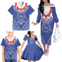 Queen Salote College 100 Years Personalized Family Matching Off The Shoulder Long Sleeve Dress and Hawaiian Shirt Tonga QSC Heilala Lei Blue Ngatu Pattern LT14 - Polynesian Pride