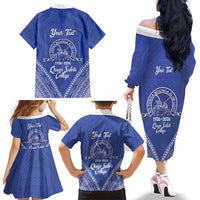 Queen Salote College 100 Years Personalized Family Matching Off The Shoulder Long Sleeve Dress and Hawaiian Shirt Tonga QSC Heilala Lei Blue Ngatu Pattern LT14 - Polynesian Pride