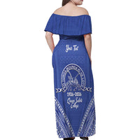 Queen Salote College 100 Years Personalized Family Matching Off Shoulder Maxi Dress and Hawaiian Shirt Tonga QSC Heilala Lei Blue Ngatu Pattern LT14 - Polynesian Pride