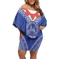 Queen Salote College 100 Years Personalized Family Matching Off Shoulder Short Dress and Hawaiian Shirt Tonga QSC Heilala Lei Blue Ngatu Pattern LT14 Mom's Dress Blue - Polynesian Pride