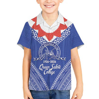 Queen Salote College 100 Years Personalized Family Matching Off Shoulder Short Dress and Hawaiian Shirt Tonga QSC Heilala Lei Blue Ngatu Pattern LT14 Son's Shirt Blue - Polynesian Pride
