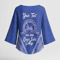 Queen Salote College 100 Years Personalized Kimono Sleeve Blouse Tonga QSC Heilala Lei Blue Ngatu Pattern