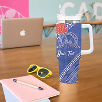 Queen Salote College 100 Years Personalized Tumbler With Handle Tonga QSC Heilala Lei Blue Ngatu Pattern