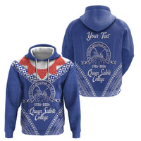 Queen Salote College 100 Years Personalized Zip Hoodie Tonga QSC Heilala Lei Blue Ngatu Pattern