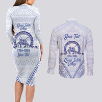 Queen Salote College 100 Years Personalized Couples Matching Long Sleeve Bodycon Dress and Long Sleeve Button Shirt Tonga QSC Heilala Lei White Ngatu Pattern