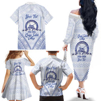 Queen Salote College 100 Years Personalized Family Matching Off The Shoulder Long Sleeve Dress and Hawaiian Shirt Tonga QSC Heilala Lei White Ngatu Pattern LT14 - Polynesian Pride