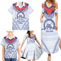 Queen Salote College 100 Years Personalized Family Matching Summer Maxi Dress and Hawaiian Shirt Tonga QSC Heilala Lei White Ngatu Pattern LT14 - Polynesian Pride