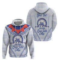 Queen Salote College 100 Years Personalized Zip Hoodie Tonga QSC Heilala Lei White Ngatu Pattern