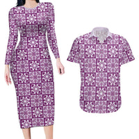 Poni Palaka Quilt Hawaii Couples Matching Long Sleeve Bodycon Dress and Hawaiian Shirt Hawaiian Tropical Monstera Sea Turtle LT14 Purple - Polynesian Pride