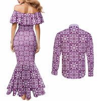 Poni Palaka Quilt Hawaii Couples Matching Mermaid Dress and Long Sleeve Button Shirt Hawaiian Tropical Monstera Sea Turtle LT14 - Polynesian Pride