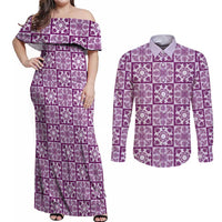 Poni Palaka Quilt Hawaii Couples Matching Off Shoulder Maxi Dress and Long Sleeve Button Shirt Hawaiian Tropical Monstera Sea Turtle