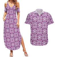 Poni Palaka Quilt Hawaii Couples Matching Summer Maxi Dress and Hawaiian Shirt Hawaiian Tropical Monstera Sea Turtle LT14 Purple - Polynesian Pride