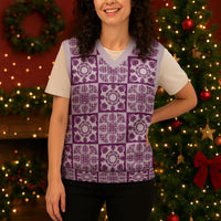 Poni Palaka Quilt Hawaii Christmas Knitted V-Neck Vest Hawaiian Tropical Monstera Sea Turtle LT14 - Polynesian Pride