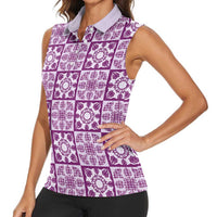 Poni Palaka Quilt Hawaii Women Sleeveless Polo Shirt Hawaiian Tropical Monstera Sea Turtle LT14 - Polynesian Pride