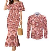 Ulaula Palaka Quilt Hawaii Couples Matching Mermaid Dress and Long Sleeve Button Shirt Hawaiian Tropical Monstera Sea Turtle LT14 Red - Polynesian Pride