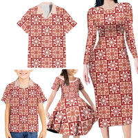 Ulaula Palaka Quilt Hawaii Family Matching Long Sleeve Bodycon Dress and Hawaiian Shirt Hawaiian Tropical Monstera Sea Turtle LT14 - Polynesian Pride