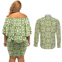 Omaomao Palaka Quilt Hawaii Couples Matching Off Shoulder Short Dress and Long Sleeve Button Shirt Hawaiian Tropical Monstera Sea Turtle LT14 - Polynesian Pride