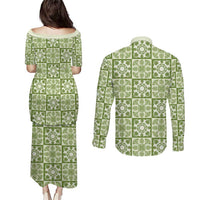 Omaomao Palaka Quilt Hawaii Couples Matching Puletasi and Long Sleeve Button Shirt Hawaiian Tropical Monstera Sea Turtle