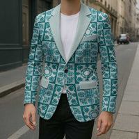 Cyan Palaka Quilt Hawaii Blazer Hawaiian Tropical Monstera Sea Turtle