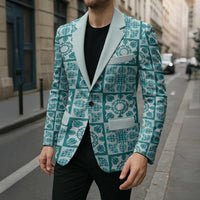 Cyan Palaka Quilt Hawaii Blazer Hawaiian Tropical Monstera Sea Turtle