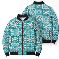 Cyan Palaka Quilt Hawaii Bomber Puffer Jacket Hawaiian Tropical Monstera Sea Turtle