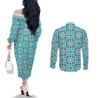 Cyan Palaka Quilt Hawaii Couples Matching Off The Shoulder Long Sleeve Dress and Long Sleeve Button Shirt Hawaiian Tropical Monstera Sea Turtle LT14 - Polynesian Pride