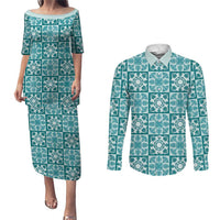 Cyan Palaka Quilt Hawaii Couples Matching Puletasi and Long Sleeve Button Shirt Hawaiian Tropical Monstera Sea Turtle