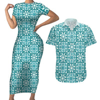 Cyan Palaka Quilt Hawaii Couples Matching Short Sleeve Bodycon Dress and Hawaiian Shirt Hawaiian Tropical Monstera Sea Turtle LT14 Cyan - Polynesian Pride