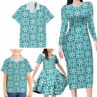 Cyan Palaka Quilt Hawaii Family Matching Long Sleeve Bodycon Dress and Hawaiian Shirt Hawaiian Tropical Monstera Sea Turtle LT14 - Polynesian Pride