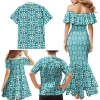 Cyan Palaka Quilt Hawaii Family Matching Mermaid Dress and Hawaiian Shirt Hawaiian Tropical Monstera Sea Turtle LT14 - Polynesian Pride