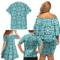 Cyan Palaka Quilt Hawaii Family Matching Off Shoulder Short Dress and Hawaiian Shirt Hawaiian Tropical Monstera Sea Turtle LT14 - Polynesian Pride