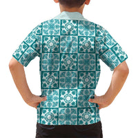 Cyan Palaka Quilt Hawaii Family Matching Summer Maxi Dress and Hawaiian Shirt Hawaiian Tropical Monstera Sea Turtle LT14 - Polynesian Pride