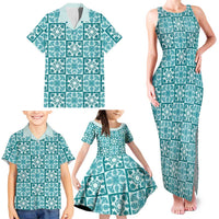 Cyan Palaka Quilt Hawaii Family Matching Tank Maxi Dress and Hawaiian Shirt Hawaiian Tropical Monstera Sea Turtle LT14 - Polynesian Pride