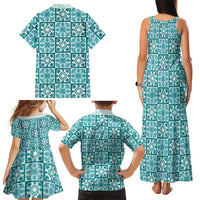 Cyan Palaka Quilt Hawaii Family Matching Tank Maxi Dress and Hawaiian Shirt Hawaiian Tropical Monstera Sea Turtle LT14 - Polynesian Pride