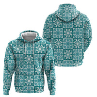 Cyan Palaka Quilt Hawaii Hoodie Hawaiian Tropical Monstera Sea Turtle